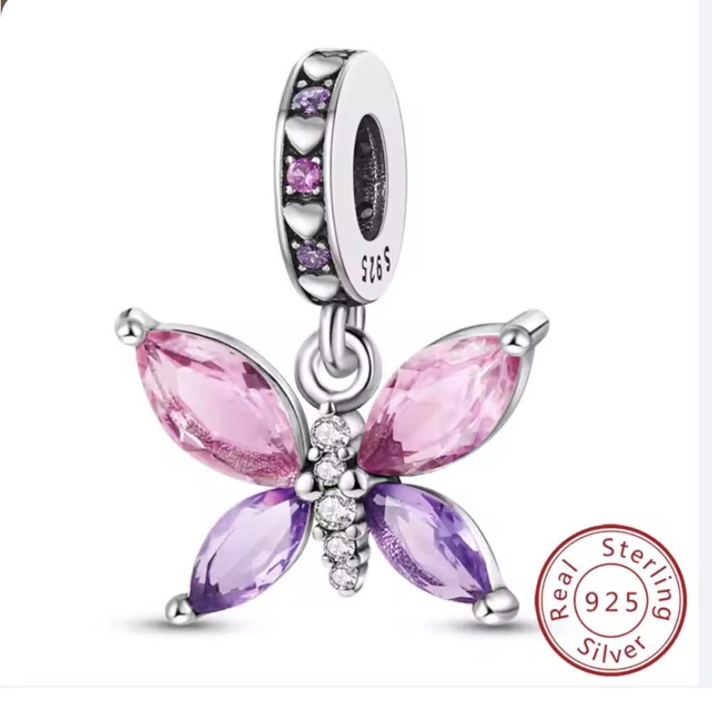Sterling Silver Pink & Purple Butterfly Charm Pendant